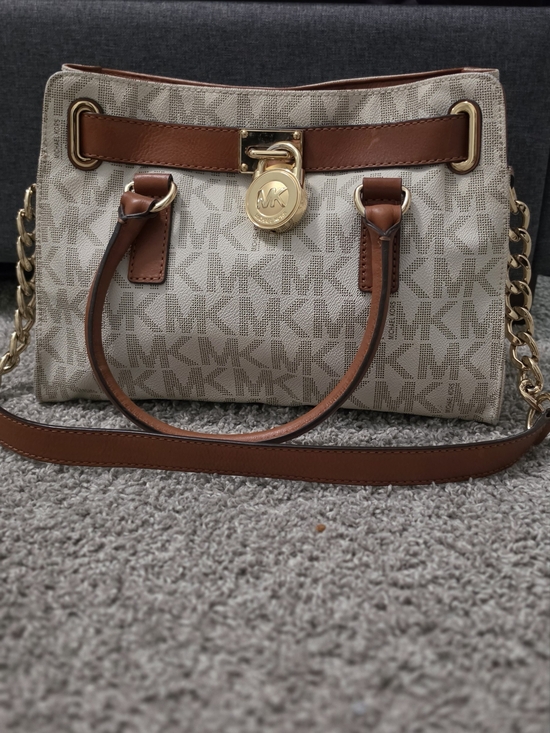 Michael Kors Handbags - Michael Kors Beige Logo Satchel with Brown Trim and Gold Hardware